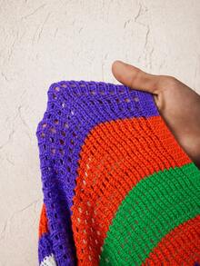 BamGleam New Women Colorful Vertical Striped Hollow V-Neck Loose Short Sleeve Pullover Casual Knit Top - Multicolor - View 8