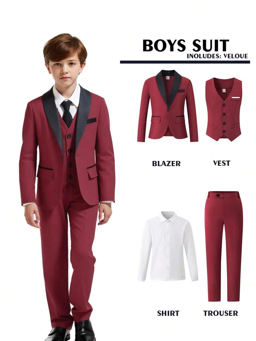 SHEIN 4 件套青少年男孩高端优雅时尚正式西装套装，适合宴会、婚礼、舞台表演、主持人、四季绅士装。包含：西装外套 + 修身背心 + 纯白长袖衬衫 + 休闲裤 - 酒紅色 - 查看 1