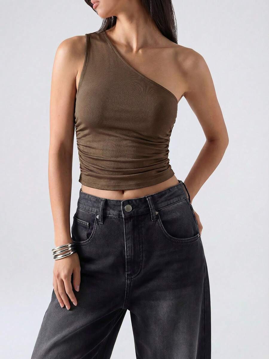 SHEIN EZwear Retro Style Brown Grunge One Shoulder Crop Top - Brown - View 1