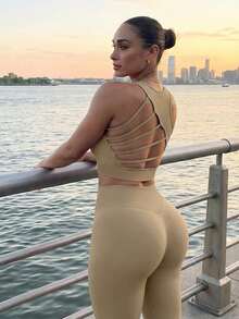 Innovista Women Seamless Nude Earth Tone Workout Set High Support Built In Bra With Criss Cross Back Straps & High Waist Leggings Tummy Control Compression Fit Quick Dry Breathable For Yoga Pilates HIIT Indoor Cycling Running Outdoor Gym Office To Street Fall Winter Athleisure Clean Girl Aesthetic Lightweight Transpirable Menopause Postpartum Friendly Fade Resistant Sports Women Set Gym Women Sets Workout Women Sets Valentine Day EssentialsNew Year Fitness Glow Up January Gym Motivation Workout Ready Festival Outfit - Khaki - View 13