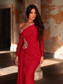 Glamrae 优雅奢华深红色褶皱手工水钻链条不对称长袖褶皱亮片美人鱼正式晚礼服 - 紅色 - 查看 1