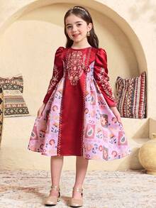 SHEIN Young Girl Round Neck Solid Color Patchwork Wine Red Floral Print Dress, Young Girls - Burgundy - View 9