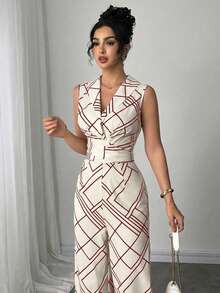 Elenzga Bộ áo liền quần không tay in họa tiết hình học dành cho nữ, áo liền quần mùa hè thanh lịch, trang phục thường ngày cho nữ. - Đỏ - Xem 4