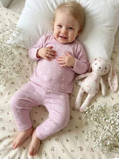 Souflis Cute Animal Print Long Sleeve Round Neck T-Shirt Set, French Retro Style, Suitable For Home, Outdoor Play And Various Occasions, Spring/Summer/Autumn, Baby & Toddler Girls