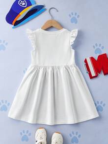 SHEIN | PAW Patrol Young Girl Summer Casual Cute Cartoon Letter Graphic Ruffle Armhole Dress