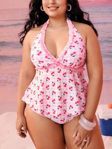 Swim Mod Plus Size Women Swimsuit, Sweet & Cute Casual Beach Holiday Random Floral, Plaid, Cherry Print Criss-Cross Ruffle Halter Tie Two Pieces Tankini Swimwear - Pink - View 3