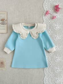 SHEIN Baby GirlCasual Striped Lapel Long Sleeve Dress, Spring/Autumn - Baby Blue - View 5