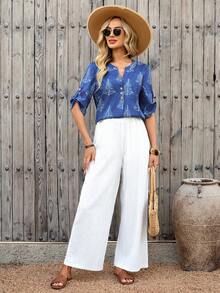 EMERY ROSE 女士休闲度假风翻领卷边袖上衣和阔腿裤两件套，春夏秋季 - 彩色 - 查看 6