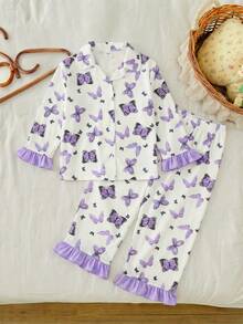 LMoss Kids LMoss 2pcs Young Girl Butterfly Pattern Lapel Button Long Sleeve Loose Comfortable Pajama Set,Pajama