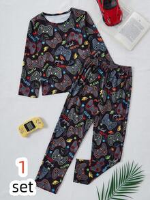 男童睡衣套装 - 两件套，游戏手柄印花，黑色多色圆领长袖长裤，适合居家休闲、玩耍、睡觉时穿着，轻薄弹力舒适，是2026年假日必备礼物，休闲家居服。 - 彩色 - 查看 11