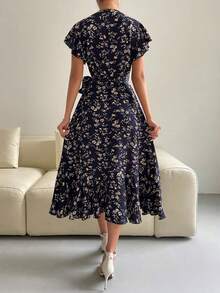 Breezaya Maxikleid für Frauen mit Blume Muster, Schmetterlings-Ärmeln und Knoten an der Seite, in Burgunderrot - marineblau - Übersicht 2