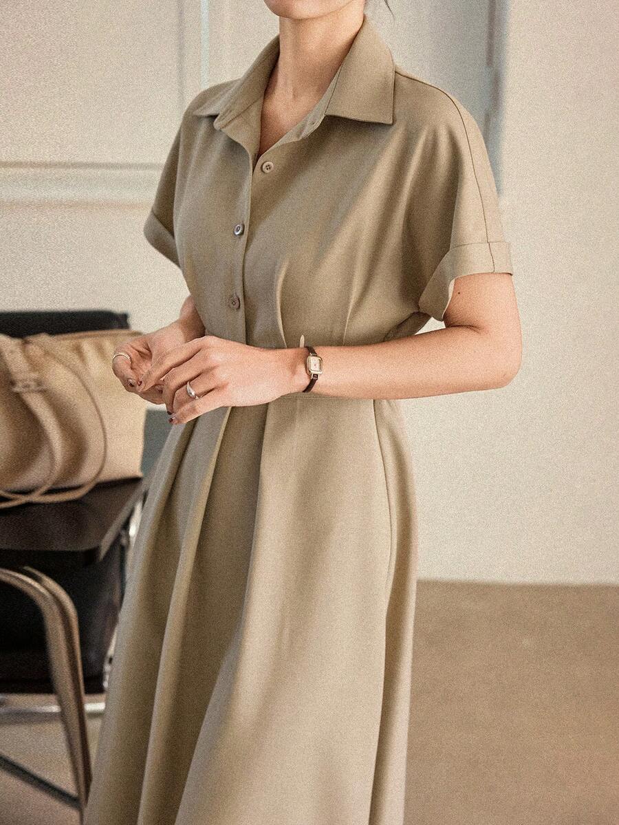 Dazy-Less Đầm maxi nữ màu trơn tay cánh dơi kiểu dáng thường ngày, thích hợp cho công sở. - Màu Khaki - Xem 1