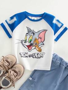 TOM & JERRY X SHEIN 男童休闲卡通图案撞色袖T恤，夏季 - 藍白色 - 查看 1