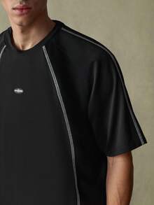 SWAVVY Men's Casual Daily Fashion Street Contrast Stitch Graphic T-Shirt And Shorts Set, Summer - Black - View 5