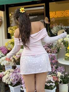 GalTyme Áo thun dài tay trễ vai màu trơn dành cho nữ cỡ lớn, thích hợp cho ngày Valentine. - Hồng - Xem 2