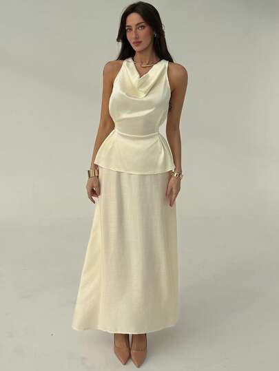 Aloruh Minimalist Commuter Deep V Waist Tie Blouse + A-Line Skirt Set For Women