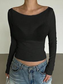 DAZY Women's Autumn New Off-Shoulder Fitted T-Shirt Long Sleeve Spring - Black - View 2