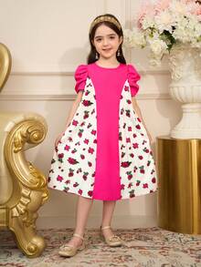 Sparklyn 少女拼接撞色褶皱花卉印花优雅时尚连衣裙 - 粉色 - 查看 9