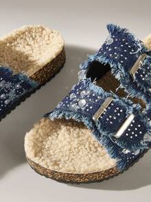 Solecia Women's Rhinestone Decor Buckle Thermal Lined Flat Sandals - Navy Blue - View 5