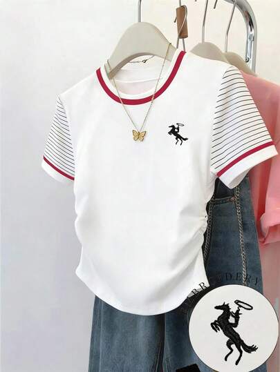 Resyla Women's Casual Striped Embroidered Horse Round Neck T-Shirt With Printed Pattern