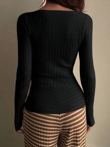 DAZY 女士罗纹纽扣圆领长袖毛衣，修身款，秋季Y2K风格 - 黑色 - 查看 2