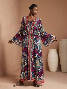 JIAN LASALA Váy maxi dài tay bằng vải chiffon in họa tiết toàn thân, chất liệu trong suốt, kiểu kimono boho cho nữ, thắt nơ phía trước, tay chuông, thích hợp cho kỳ nghỉ, du lịch, nghỉ mát. Váy boho cho nữ, váy caftan, váy kimono, váy maxi boho, váy dự tiệc cưới, tiệc tùng. - Nhiều màu - Xem 3