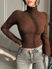 DAZY Damen elegantes figurbetontes einfarbiges Rollkragen Langarm Basic T-Shirt, geeignet für Herbst, Frühling, Sommer Y2K - Braun - Übersicht 7
