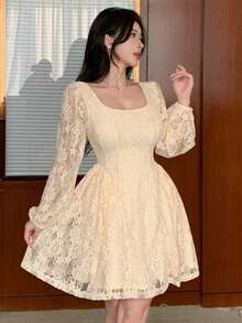 DAZY 女士优雅蕾丝泡泡袖方领迷你连衣裙，春夏款 - 米色 - 查看 8