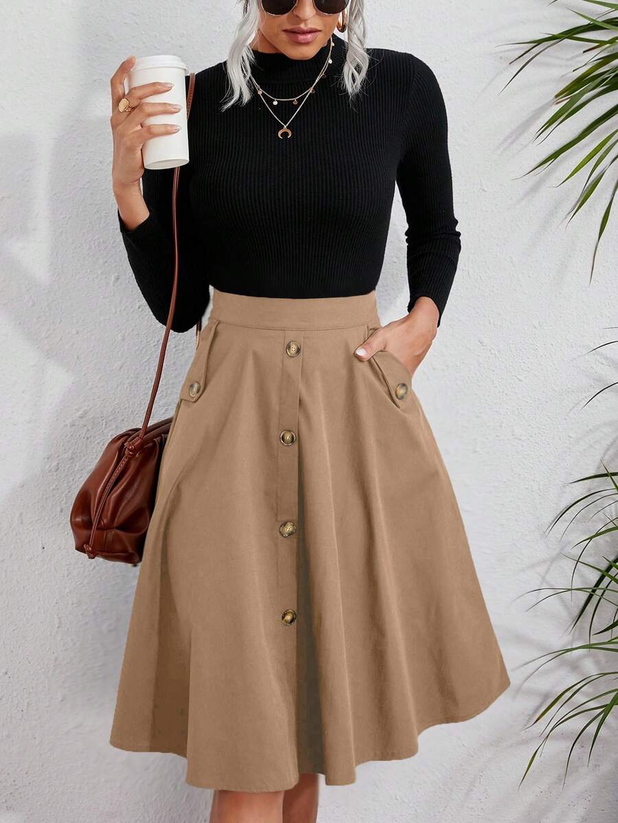 SHEIN PETITE New Elegant Casual Beach Vacation A-Line Skirt With Pockets And Buttons For Women, Spring/Summer - Khaki - View 1