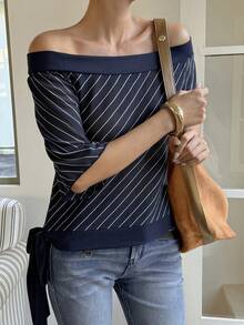 Livesso 修身露肩条纹拼接短款上衣，时尚商务休闲办公装，女士短袖T恤，春夏款 - 藏蓝色 - 查看 6