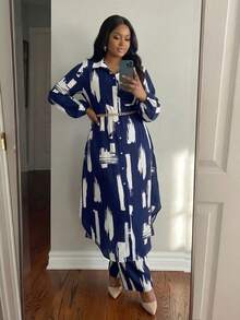 SHEIN Lady CURVE 春夏秋冬休闲优雅黑色梭织衬衫领主教袖带口袋长袖大码套装，春夏优雅通勤办公大码套装，女士夏季服装度假服装，女士度假两件套，两件套夏季服装 - 藏蓝色 - 查看 5