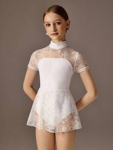 少女运动紧身衣，适合芭蕾舞、返校、校园锻炼、训练、比赛和休闲穿着。时尚弹力网眼长袖设计，舒适有弹性，是理想的舞蹈运动服。 - 白色 - 查看 2