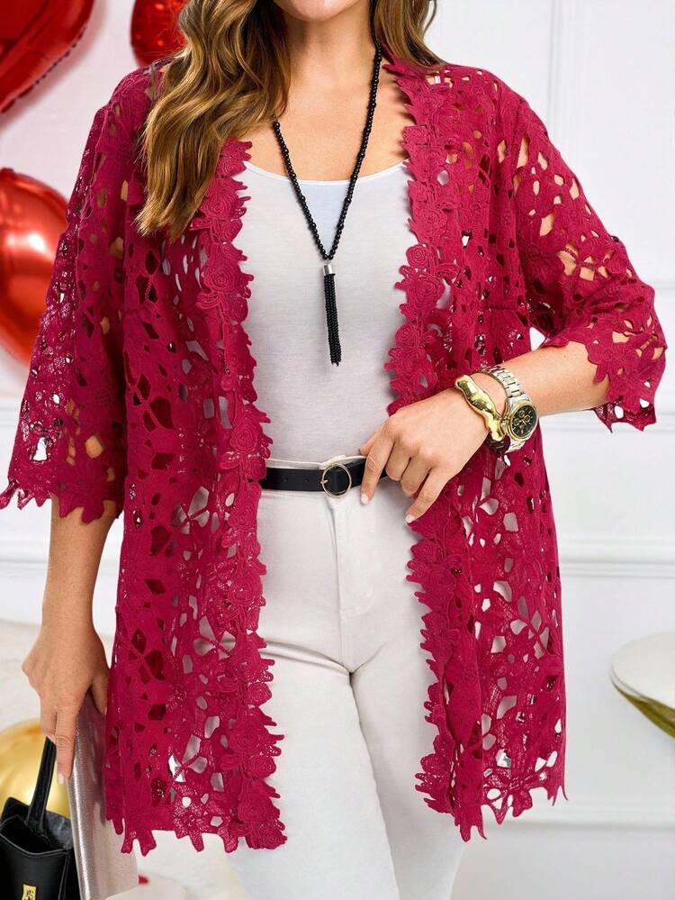 Abrigo de kimono elegante de encaje de manga 3/4 de color rojo rosa para mujer de talla grande, abrigo suelto de frente abierto, para verano, otoño, vacaciones de verano, vacaciones, simple y de moda para uso diario, vibraciones de vacaciones, primavera, uso casual, bohemio, abrigo de encaje de talla grande para invierno