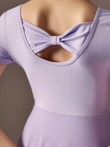 Tween Girls Ballet Dance Dress, Round Neck With Ruched Front Design, Cute Bow Back Design, Soft & Lightweight Mesh Skirt With Snap Crotch, High Stretch & Skin-Friendly, Suitable For Dance, Yoga & Activewear - Mauve Purple - View 3