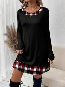 SHEIN LUNE 女士休闲格子拼接长袖短款连衣裙，秋季 - 黑色 - 查看 3