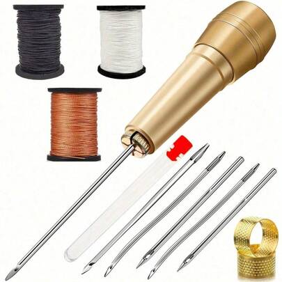 Leather Sewing Kit With DIY Copper Handle Awl, Suitable For Leather, Canvas, Tent And Shoes Repair (Needle And Case Color Random)