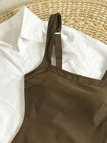 Swim Vcay 2026春夏女士可调节粗肩带纯色撞色拼接优雅修身连体泳衣 - 棕色 - 查看 5