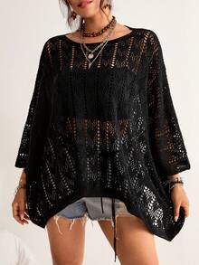 Freevana 大码女式新款黑色镂空钩针蝙蝠袖上衣，宽松大码针织罩衫，圆领透视休闲修身外套毛衣 - 黑色 - 查看 4
