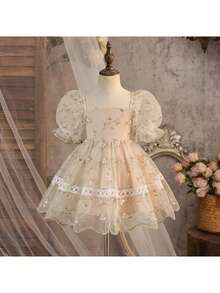 SHEIN Vestido de princesa elegante y lindo para bebé, vestido de manga corta con bordado floral de malla - Amarillo - Ver 10