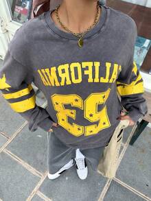 Muchica 女士休闲时尚街头风宽松版型数字、字母和星星印花落肩圆领卫衣，春秋季 - 彩色 - 查看 6