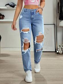 SHEIN Tall Women's Casual Versatile Distressed Skinny Jeans - Light Wash - View 1