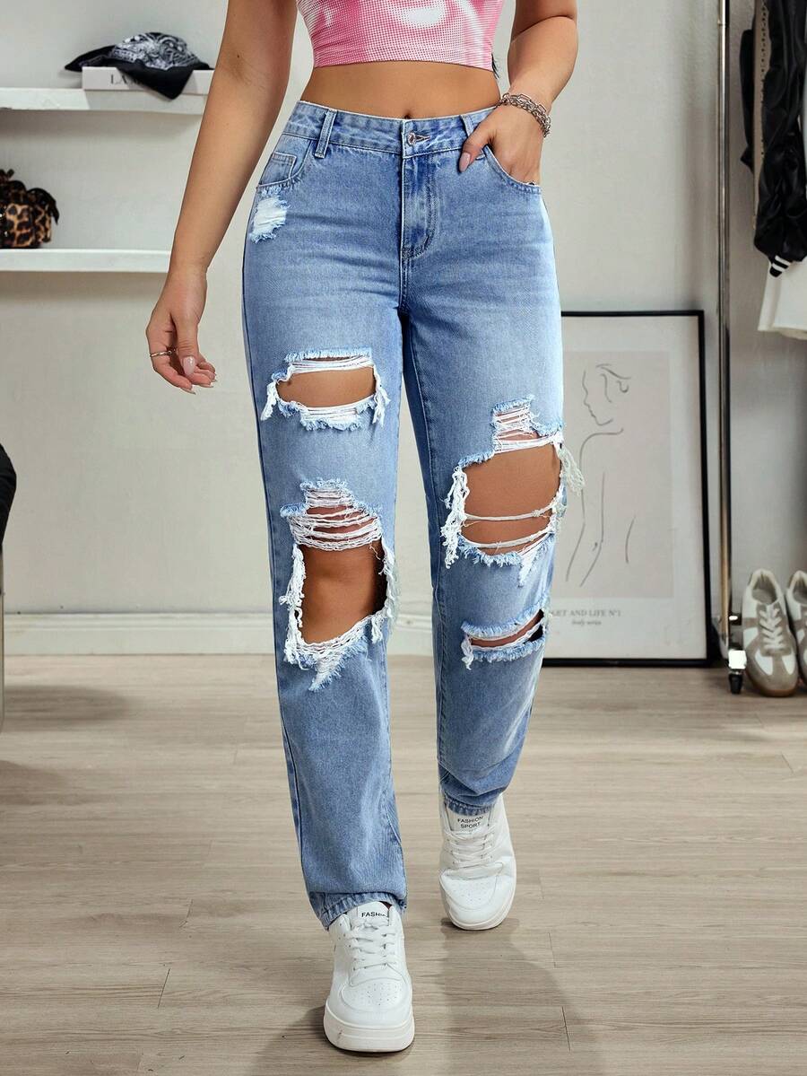 SHEIN Tall Women's Casual Versatile Distressed Skinny Jeans - Light Wash - View 1