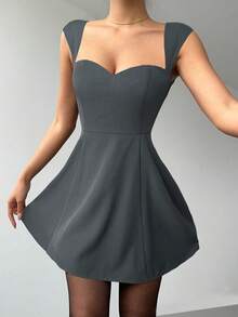 Aloruh Women's Sweetheart Neck Cap Sleeve Ruffle Hem Casual Mini Dress, Grey - Grey - View 7