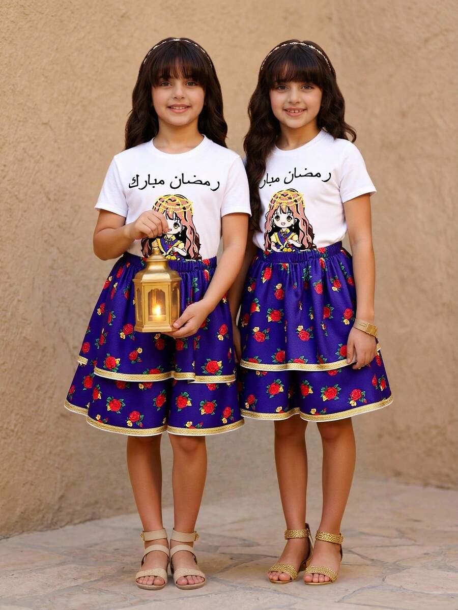 SHEIN Tween Girl Elegant Casual Floral Print Crew Neck Pullover T-Shirt And Skirt Set - Blue - View 1