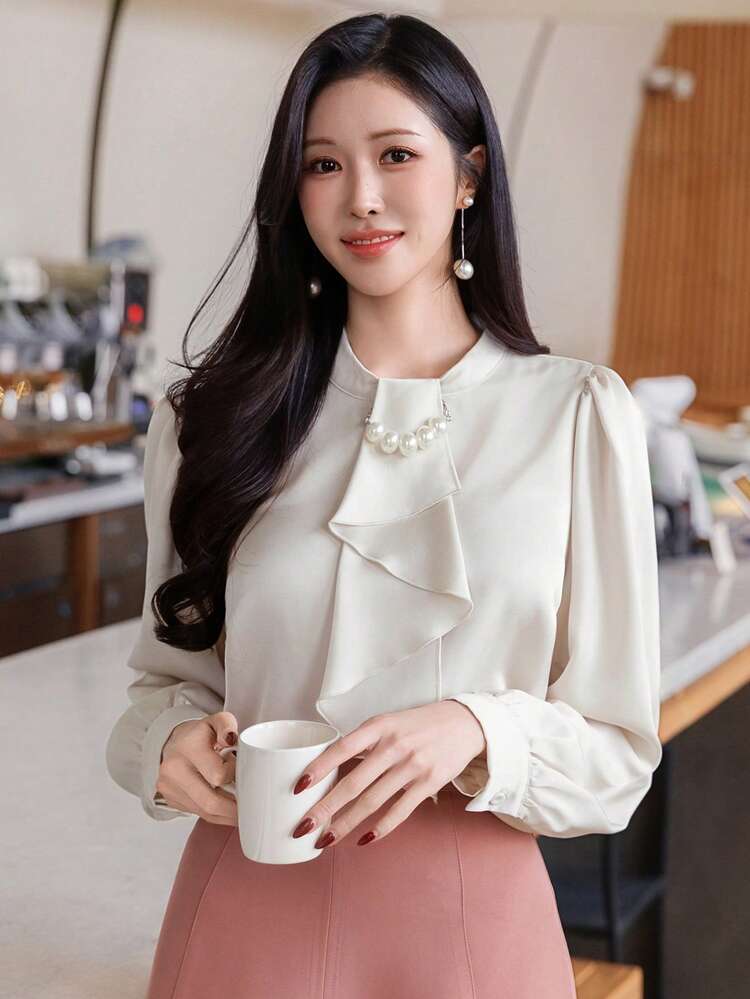 Women's Elegant Solid Color Stand Collar Puff Sleeve Tie Waist Blouse, Spring/Summer