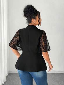 SHEIN Elenzya Elegant Lace Patchwork Waist Cinched Plus Size Women Blazer Jacket - Black - View 2