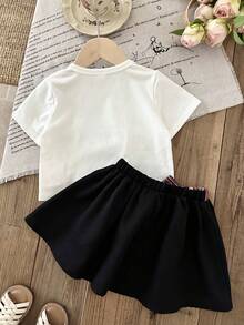 LMoss Kids 2件套女婴针织纯色可爱图案休闲圆领T恤和裙子套装 - 彩色 - 查看 2