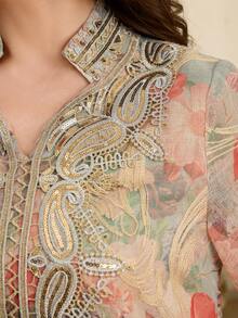 Al Najma Spring/Summer Flared Sleeve Stand Collar Beaded Floral Trim Maxi Arabian Dress - Multicolor - View 5