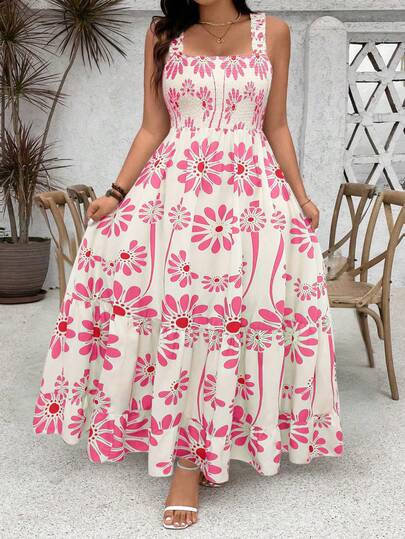 Ceyna Vestido largo de mujer de talla grande con estampado floral, volantes en el bajo, tirantes de espagueti y ajuste en el busto en forma de línea A