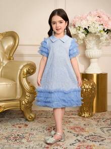 Young Girls Cute Contrast Mesh Collar Dress - Blue - View 5